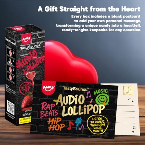 AMOS Music Lollipop Candy Suckers – TastySounds Audio Hip Hop Singing Lollipop, Assorted Fruit Flavors, Sugar-Free, Low-Calorie Snack, 4-Pack Gift Box