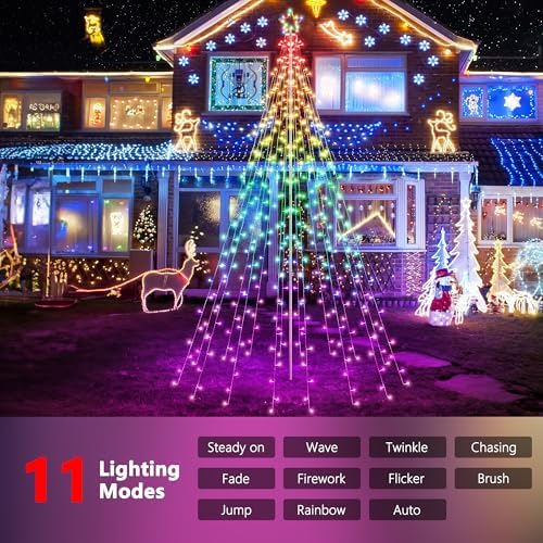 10 FT Outdoor Christmas Tree Lights, 408 RGB LEDs with Star, Pole & Remote