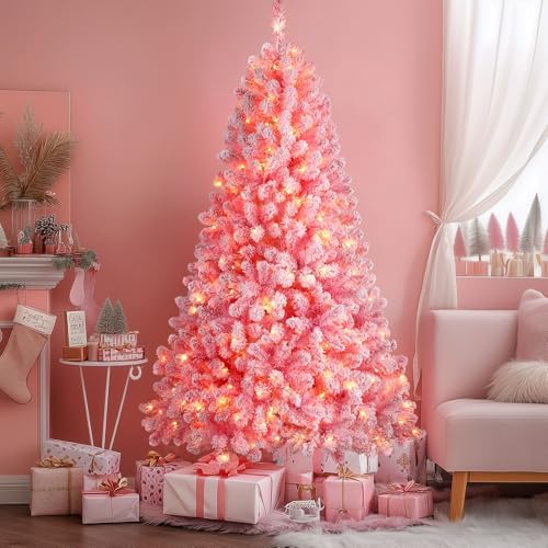 SHareconn 6ft Snow Flocked Spruce Pre-lit Artificial Christmas Tree, Pink