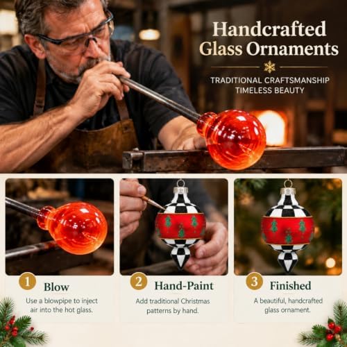 Yinder 10 Pcs Retro Christmas Glass Ornament Red Green Black White Tartan