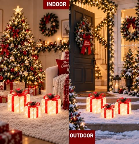 Set of 3 Lighted Boxes, White Lace Indoor Holiday Decor