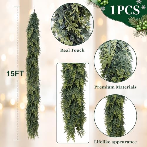 15FT Christmas Cedar Garland, Realistic Artificial Pine Greenery Garland with Flexible Wired Branches, Faux Holiday Garland for Mantle, Fireplace, Staircase, Table, Door, Indoor Outdoor Winter Decor