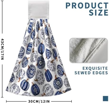 Fall Blue White Pumpkin Kitchen Towels with Hanging Loop Autumn Thanksgiving Chinoiserie Pumpkins Hanging Hand Towels Set of 2 Seasonal Dish Tie Towel Soft Absorbent Bath Towel