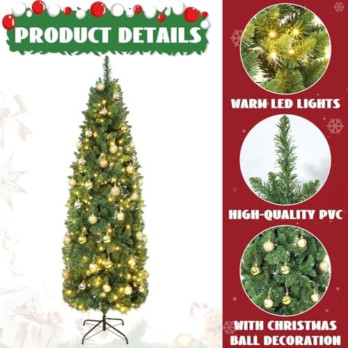 31 Pcs 6 Ft Artificial Slim Christmas Tree with 200 LED Warm White String Lights 30 Gold Ball Ornaments Skinny Thin Pencil Tree with Metal Stand for Home Xmas Holiday Party Decoration