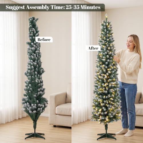 HOMCOM 6ft Pencil Prelit Christmas Tree, Dual Color, Flocked, Green White