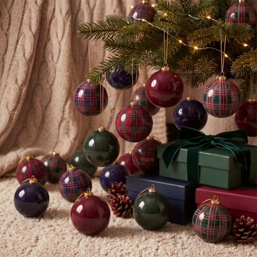24 Pcs Plaid Christmas Ball Ornaments 2.36 Inch Green Blue Burgundy Balls