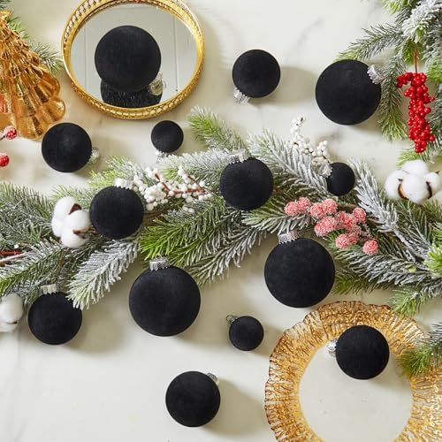 Black Velvet Christmas Ball Ornaments-46pcs Flocked Xmas Tree Decorations