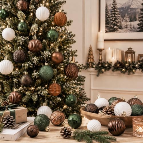 Lunmon 64 Pcs Neutral Christmas Ball Ornaments Brown Green White Xmas Bulbs