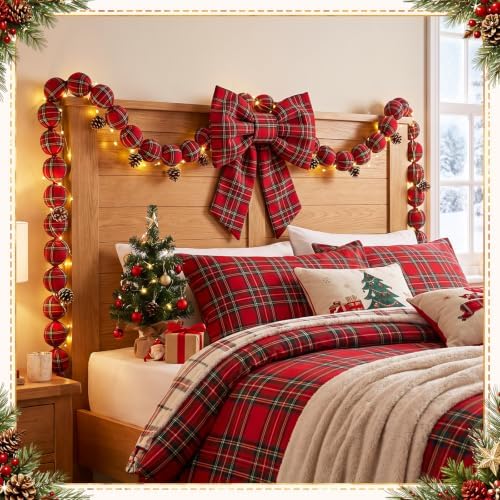 Riceshoot Christmas Tartan Plaid Ball Garland with Bow, Tree Decoration Set