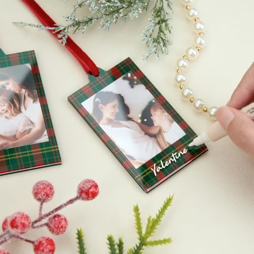 UNIQOOO 8 Set Christmas Acrylic Instax Red Green Plaid Photo Ornaments for Display Picture, 8.6 * 5.4cm Acrylic Hanging Photo Frame, Double-Sided Picture Frames for Home, Party, Tree Decorations