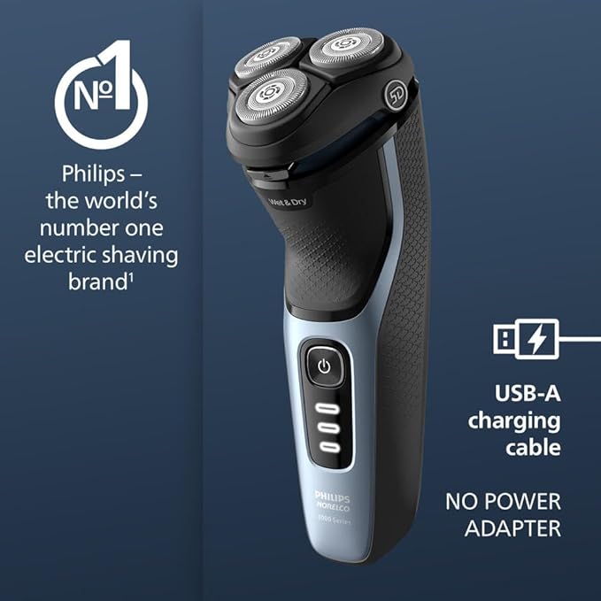 Philips Norelco Shaver 3600 Series, Wet and Dry Electric Shaver, P-Cap, Travel Pouch, Storm Blue, Model S3243/91