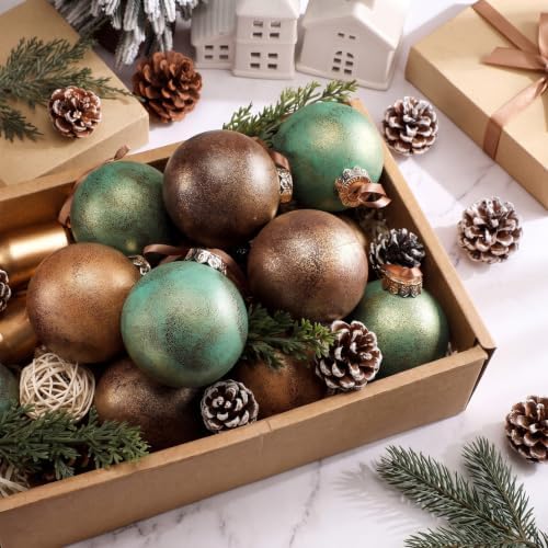 Yunlly 12 Pcs Neutral Christmas Ornament, Brown Copper Sage Green, 3.15''