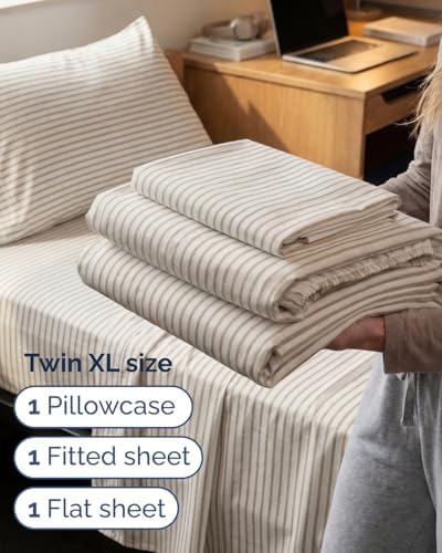 Twin XL Size 3 Piece Sheet Set - Comfy Breathable & Cooling - Beige Stripes