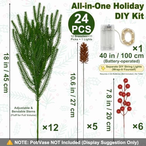 24 Piece Set: 12Pcs Norfolk Pine Branches with LED Lights, Red Berries