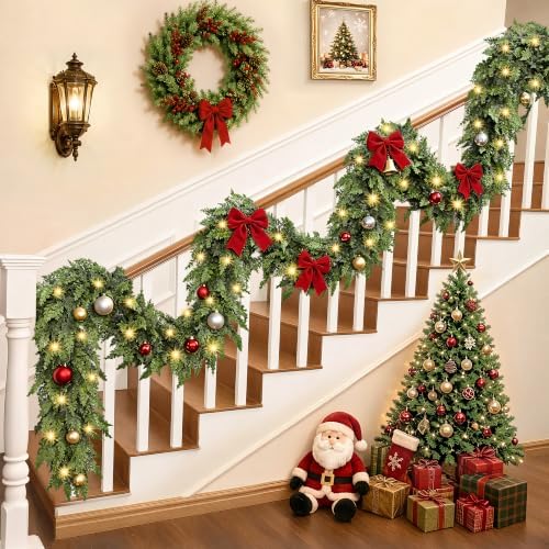 Christmas Garland with Lights Prelit Real Touch Cedar Garland Christmas Decorations 9.1ft Lush Realistic Faux Pine Garlands for Mantle, Table, Stairs, Doorframe, Fireplace Indoor Outdoor Decorations