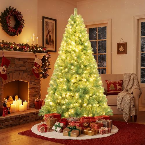 HAPPYGRILL 7.5 FT Pre-lit Tinsel Christmas Tree Artificial Xmas Tree with 550 LED Lights, 8 Modes, 1300 Fruit Green Branch Tips, Folding Metal Stand, Seasonal Holiday Tree for Home Office Party