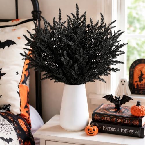 45 Pcs Halloween Black Norfolk Pine Branches, Faux Black Stems Centerpieces