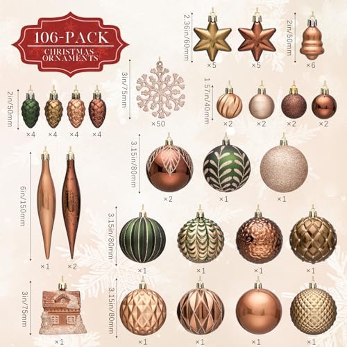 JORNOY 106Pcs Christmas Ornaments Set, Shatterproof Assorted Hanging Baubles Decorations Bulk for Christmas Tree Decorations Home Holiday Party Decor, Earth Tone