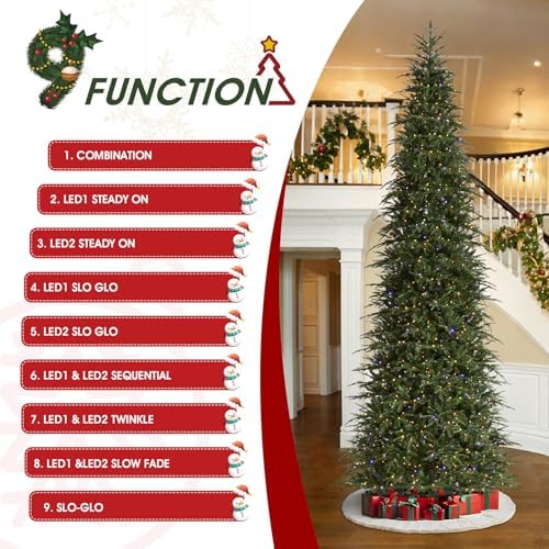 Glitzhome 15ft Prelit Artificial Christmas Tree,Radiant Evergreen Fir with 1500 Warm White/Multi-color LED Lights,9 Function,w/Remote Control,Slim Xmas Tree w/Metal Hinges & Foldable Base,Simple Setup
