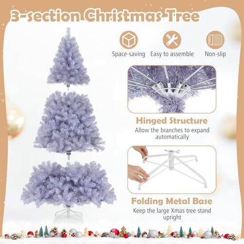 HAPPYGRILL 6 FT Pre-lit Tinsel Christmas Tree Artificial Xmas Tree with 250 LED Lights, 8 Modes, 688 Lavender Purple Branch Tips, Folding Metal Stand, Seasonal Holiday Tree for Home Office Party