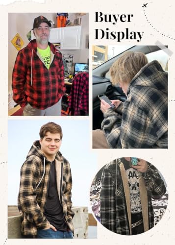 Elesuit Men's Full Zip Fleece Flannel Jacket Shirt Plaid Cotton Hoodie Coat