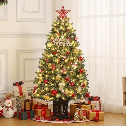 Garvee Pre-lit Artificial Christmas Tree with Warm White Lights, Green Full Christmas Tree 4.5 ft with 8 Light-Modes, Pre Lighted Xmas Tree W/460 Branch Tips, 300 Light & Black Base,2 PCS