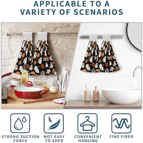 Halloween Ghost Pumpkin Hanging Kitchen Towels Set of 2 Spooky Scary Hand Towels with Hanging Loop Seasonal Holiday Oven Stove Dish Washcloths Soft Absorbent Bath Tie Towel