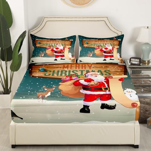 Castle Fairy Merry Christmas Bed Sheets Kids Boys Cartoon Santa Claus Sheet Set 3 Pcs Child Cartoon Elk and Snowman Sheets Set + Deep Pocket Fitted Sheets Flat Sheet 1 Pillow Sham,Twin Size