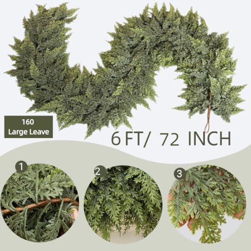 6FT 1Pcs Christmas Cedar Garland Artificial Realistic Soft Thick Green Faux Lush Cedar Pine Garland for Fireplace Mantel Stairs Doorframe Table Porch Indoor Outdoor Holiday Decor