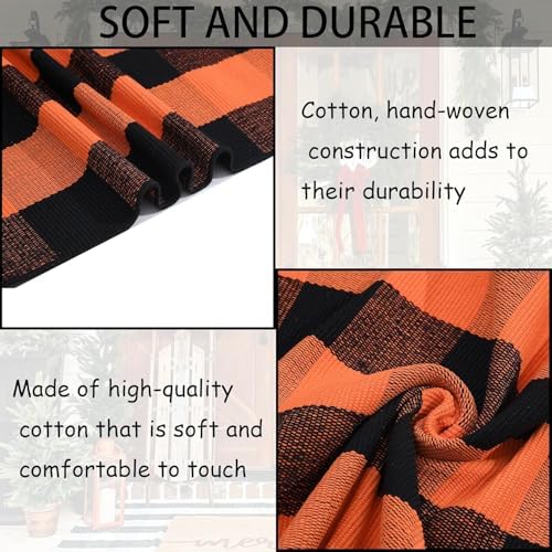 Orange and Black Plaid Rug, 3' x 5' Fall Outdoor Front Door Decor Mat, Cotton Washable Hand-Woven Rug for Layered Doormat, Autumn Halloween Thanksgiving Carpet for Porch, Entryway