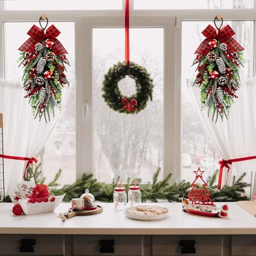 nuvagiki Christmas Teardrop Swag Decorations, Christmas Teardrop Wreath Artificial Bells Pinecones Berries Hanging Decor, Red Checked Bow Swag Decorations for Front Door Mantle Wall Indoor Home Decor