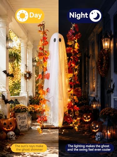 AYGXU Halloween Decorations Outdoor Indoor-5.3ft Hanging Ghost Decor with a Maple Leaf 6.6ft Swing,Ghost Light,Halloween Decor for Tree,Yard,Porch,Garden