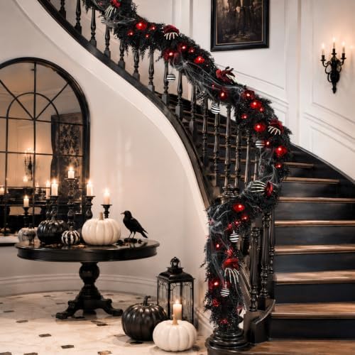 9FT Black Garland with Lights and Ornaments Prelit Halloween Decoration