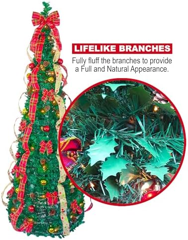 7.5 Ft Pre-Lit Pop-Up Christmas Tree with Ornaments, Pinecones & Warm Lights – Fully Decorated (2.8ft Diameter)