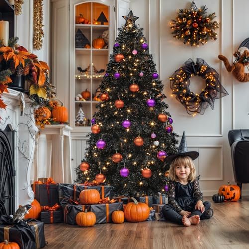 YITAHOME 7.5ft Prelit Black Halloween Artificial Christmas Tree w/Remote
