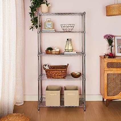 Amazon Basics 5-Shelf Adjustable Heavy Duty Steel Wire Rack, Space Saving Storage Shelving Organizer for Kitchen, Garage, No-Tool Assembly, 350 lbs Weight Capacity, 36" x 14" x 72", Chrome