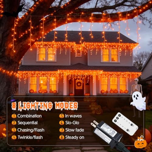 JMEXSUSS Orange Halloween Icicle Lights Outdoor, 38.8 FT 400 LED