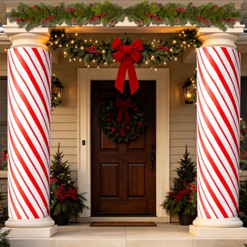 2pack Christmas Candy Cane Column Wraps, Red White Striped Pillar Wrap