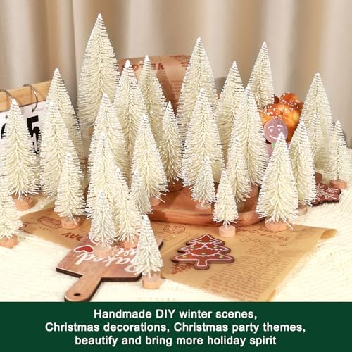 30Pcs Mini Christmas Trees Artificial Christmas Tree Bottle Brush Trees with Wooden Base for Christmas Decor Christmas Party Home Table Craft Decorations(Beige)