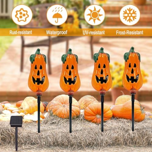 Halloween Decorations Outdoor,4 Pack Halloween Pumpkin Solar Lights Stakes