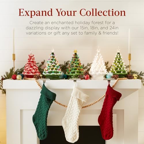Best Choice Products 15in Ceramic Christmas Tree, Pre-lit Hand-Painted Tabletop Holiday Tree, 2 Star Toppers, 64 Lights - White w/Warm White Bulbs