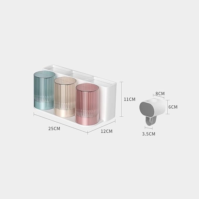 Toothbrush Rack 2PCS Wall Mounted Toothbrush Holder Storage Rack with Mouthwash Cup Automatic Toothpaste Dispenser Squeeze Kit Bathroom Toothbrush Holder(E)