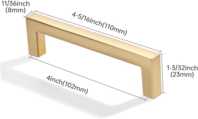khtumeware 10 Pack 4 inch(102mm) Hole Center Brushed Gold Cabinet Pulls Solid Heavy-Duty Square Matte Gold Cabinet Handles Drawer Pulls Kitchen Cabinet Hardware Kitchen Handle