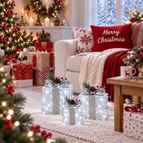 Set of 3 Silver Lighted Boxes, White Indoor Christmas Decor