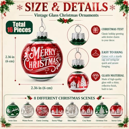 16 Pcs Vintage Glass Christmas Ornament Reflector Decor, 50S