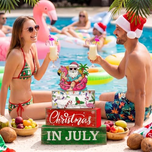 Lineshading 4 Pcs Christmas in July Table Decor Summer Santa Wooden Signs