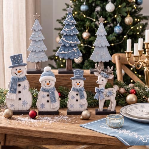 7 Pcs Christmas Table Decor Wooden Snowman Tree Deer Decor, Bule