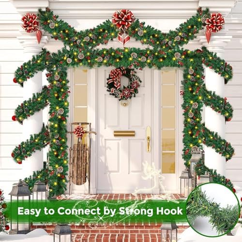 Christmas Garland, 9FT Prelit Christmas Garland with 50 LED Lights, Greenery Xmas Garland with 16 Pine Cones 75 Red Berry Christmas Decoration for Indoor Outdoor Home Mantel Fireplace