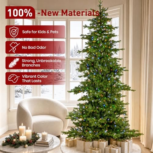 Glitzhome 9ft Prelit Artificial Christmas Tree, Full Realistic Green Glow Berry Fir Xmas Tree with 900 Warm White and Multi-Color Lights, 9 Functions with Foot Pedal, Simple Setup for Holiday Decor