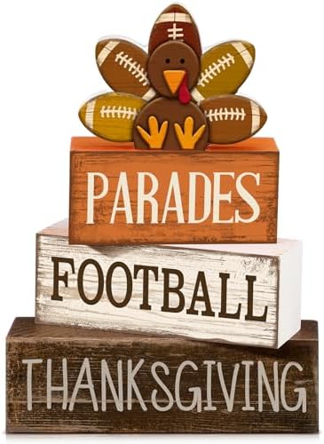Lineshading 4 Pcs Fall Football Decor, Thanksgiving Turkey Wood Block Sign